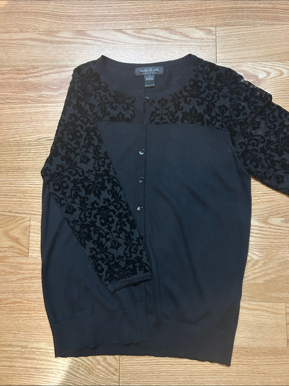 august silk Black Button-Front Cardigan with Velvet Burnout Detail